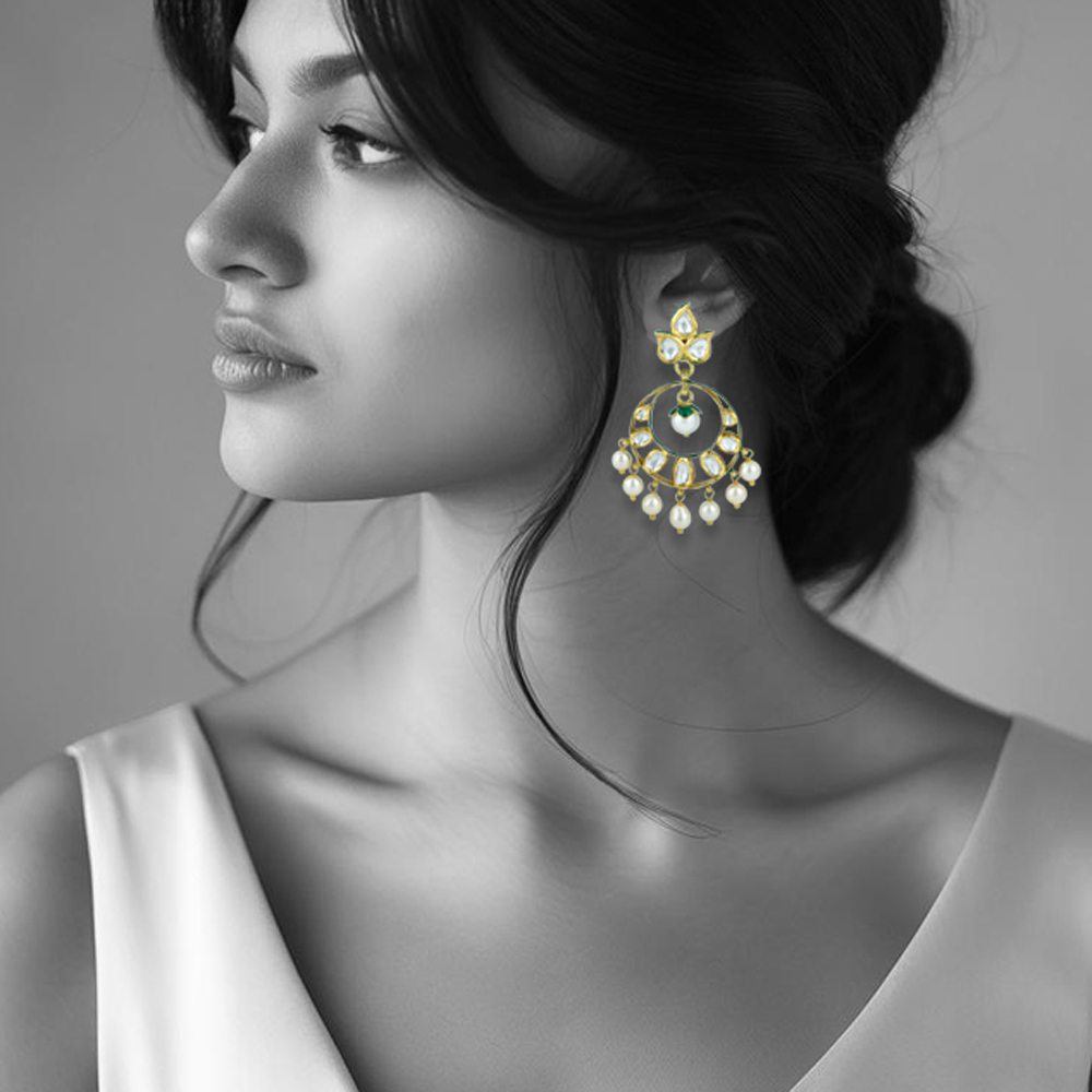 Polki Chandbali Earrings with Petal Studs and Pearl Drops